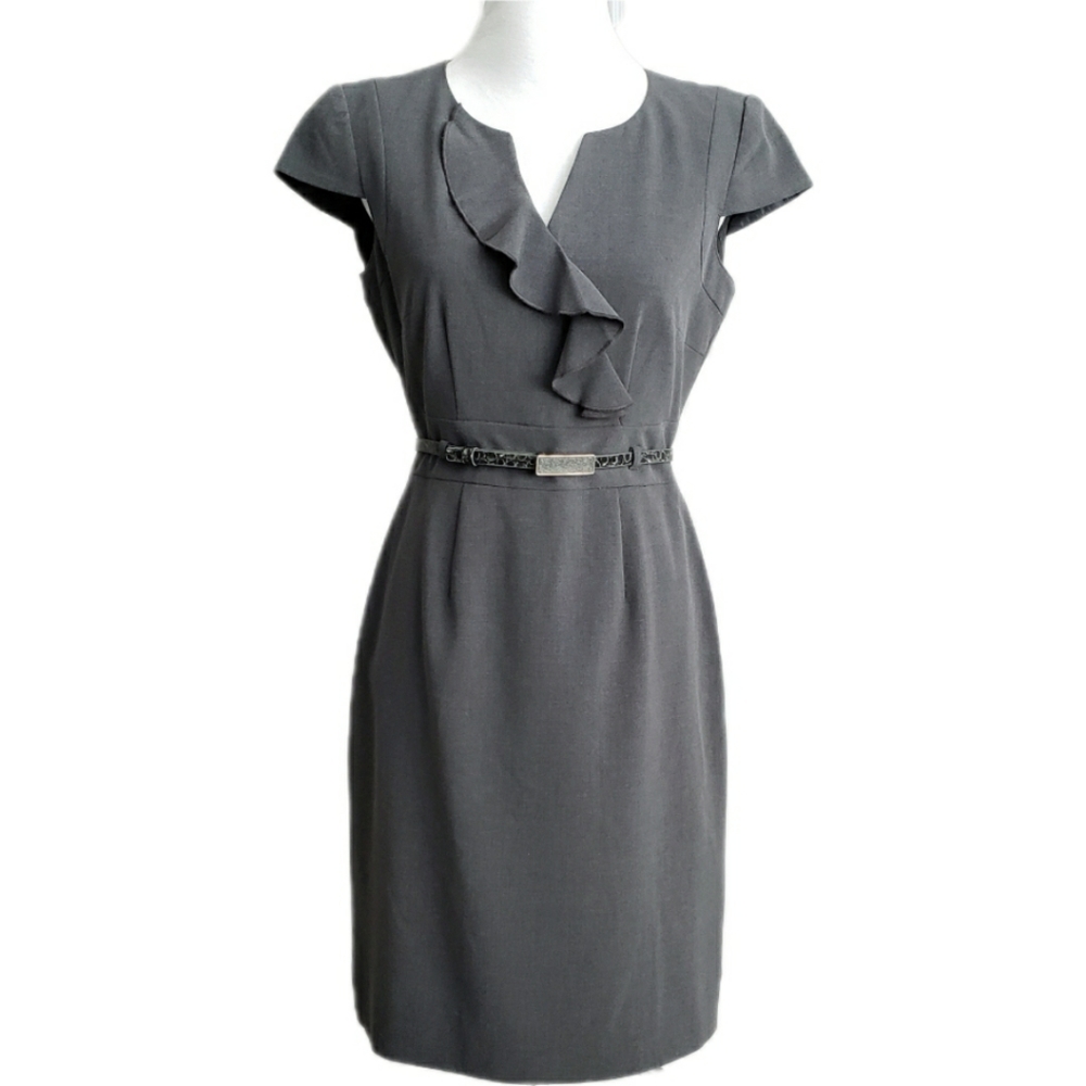 Tahari Cap Sleeve Ruffle Bodice V-Neck Belted Sheath Dress sz 2P